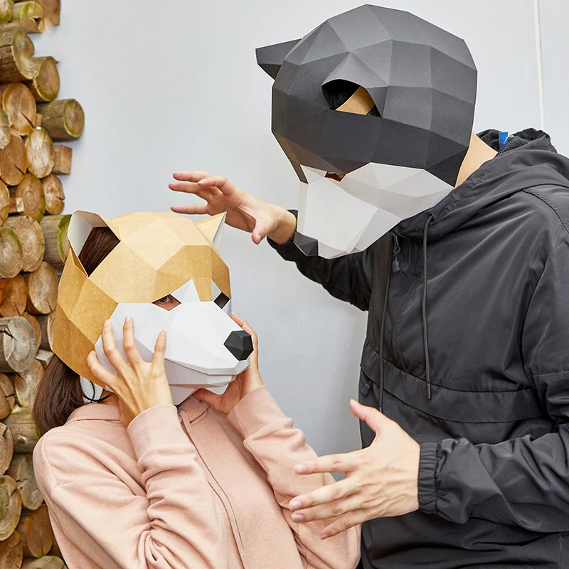 3D Paper Mold Shiba Inu Husky Head Mask Headgear Animal Halloween Cosplay Prop Woman Men Party Role Play Dress Up DIY Craft Mask