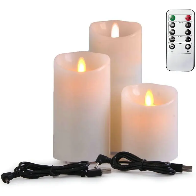 

Set of 3 Remote controlled USB Rechargeable Flickering Paraffin Wax Pillar Candles w/timer Moving Dancing wick Home Party table