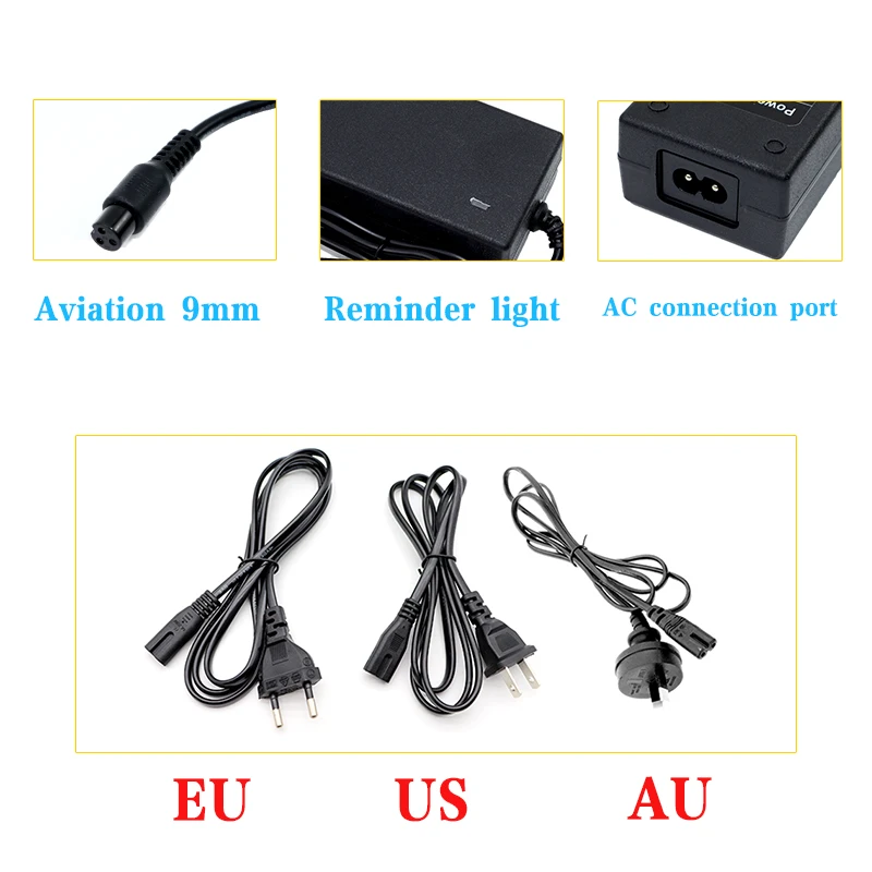 Cargador de batería de iones de litio, cargador de 36V, 2A, 10S, 42V, 2A, 18650, para AC 100V-240V, aviación, 9,0mm