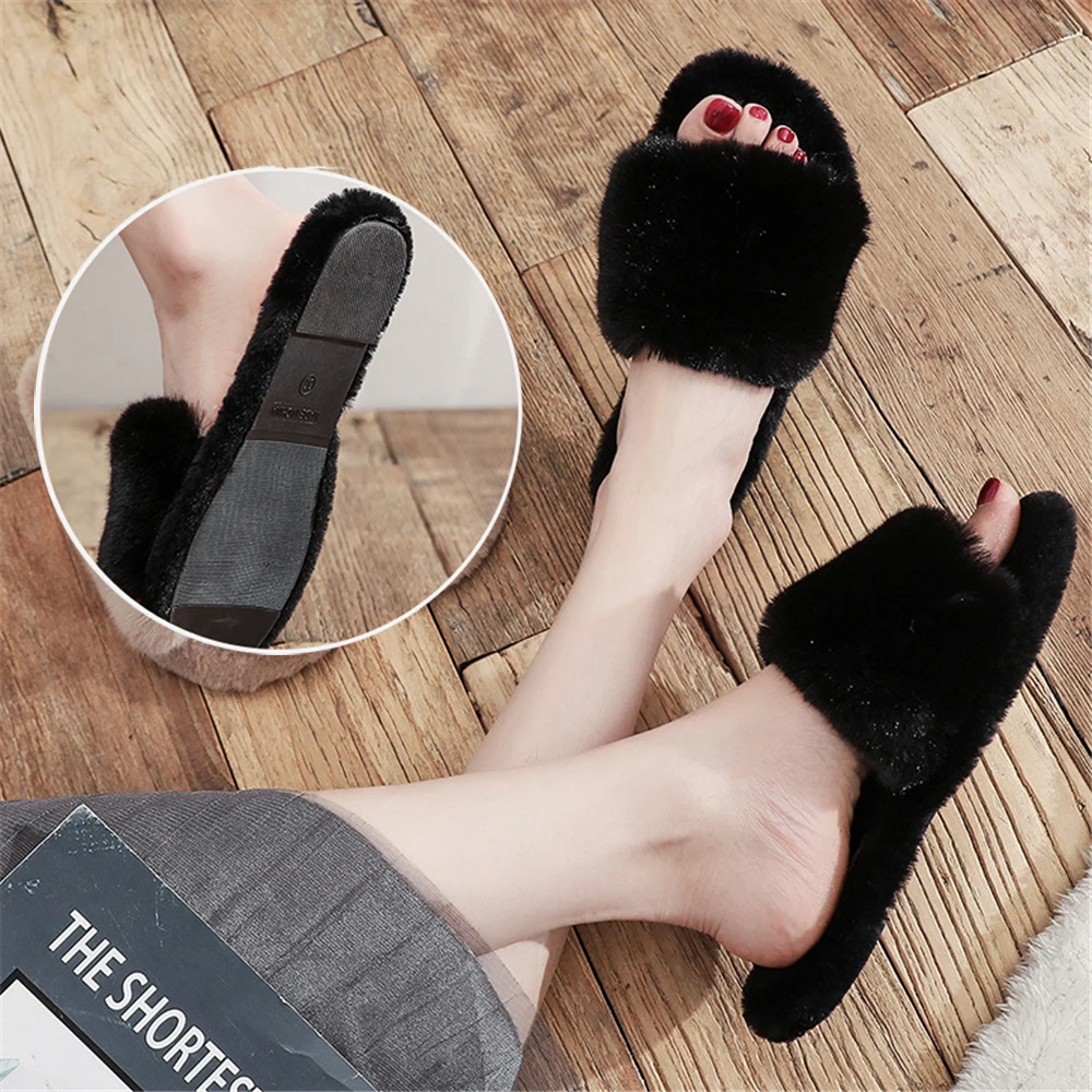 2023 Winter Women Furry Slippers Soft Plush Faux Fur Floor Shoes Indoor Ladies Warm Home Slippers Open Toe Fluffy House Slides