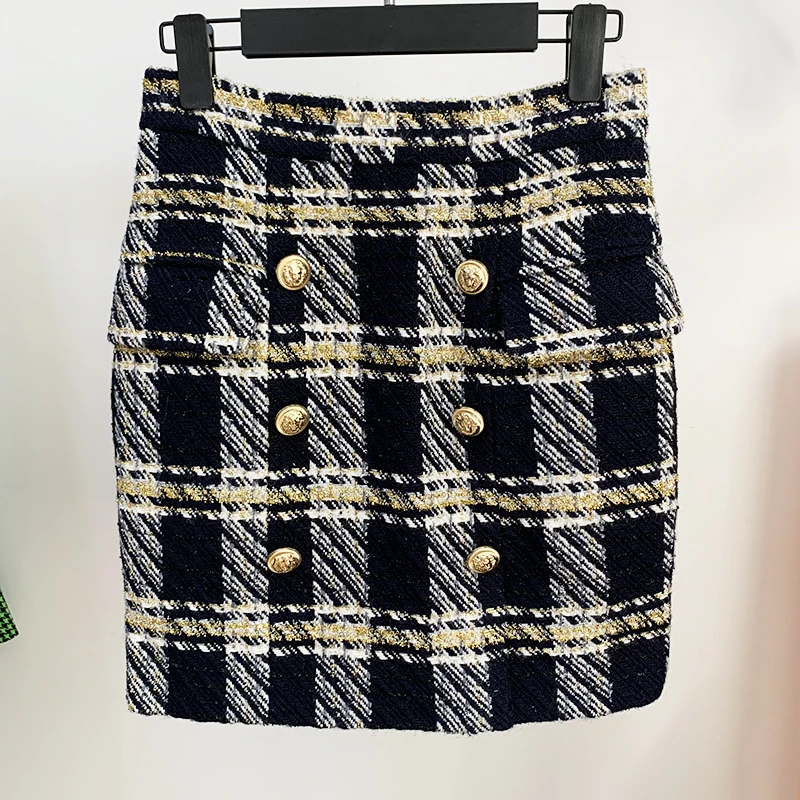 HIGH STREET Newest 2024 Designer Skirts Women's Lion Buttons Plaid Wool Mini Skirt