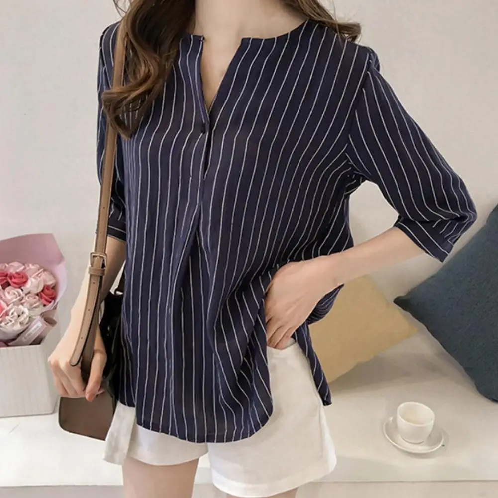 Women's Shirts Fashion Stripe 3/4 Sleeve Casual Summer Top Skin-friendly Breathable Round Neck Buttons Loose Ladies Blouse