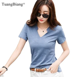 Short Sleeve Bamboo Cotton Women V-Neck T-Shirts 2023 Loose Casual Solid Color Brand T Shirt Ladies Summer Spring All-Match Tops