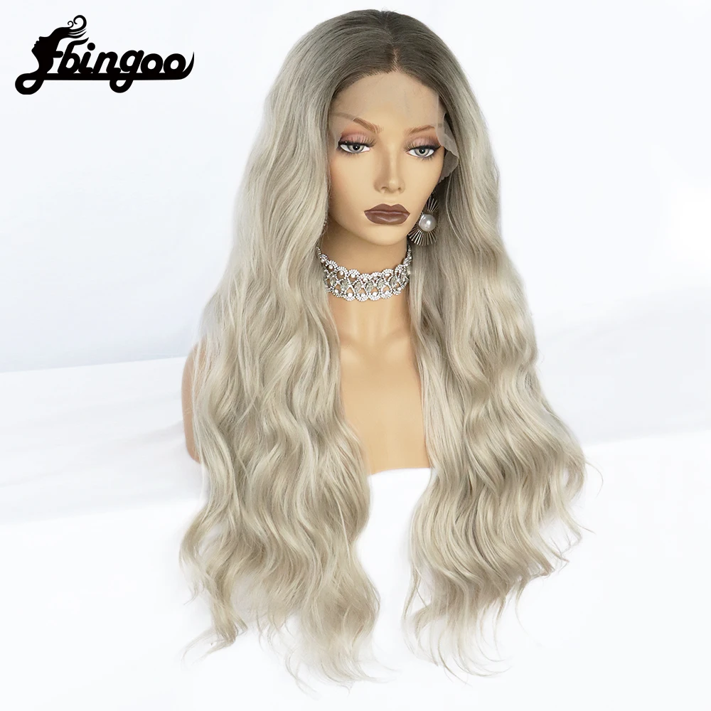 Ebingoo T Part Ombre Gray High Temperature Fiber Long Water Wave Wigs Synthetic Lace Front Wig For White Women Daily Use