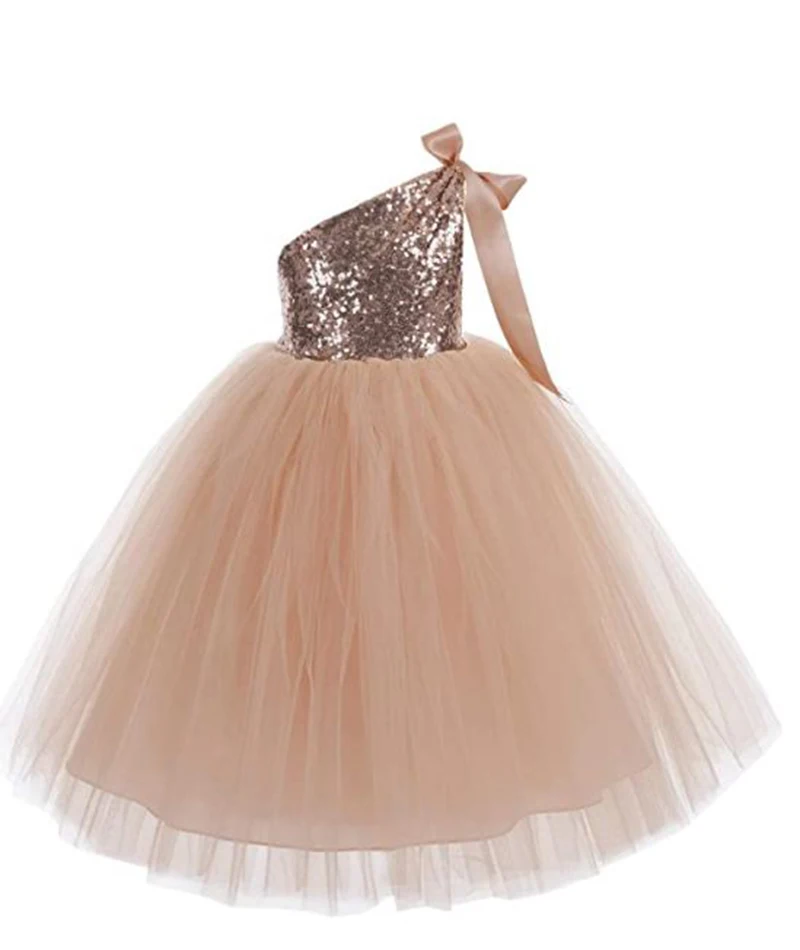 Robe de mariée à paillettes pour fille, Tutu, Simple, asymétrique, épaule dénudée, motif floral, Champagne, 2020