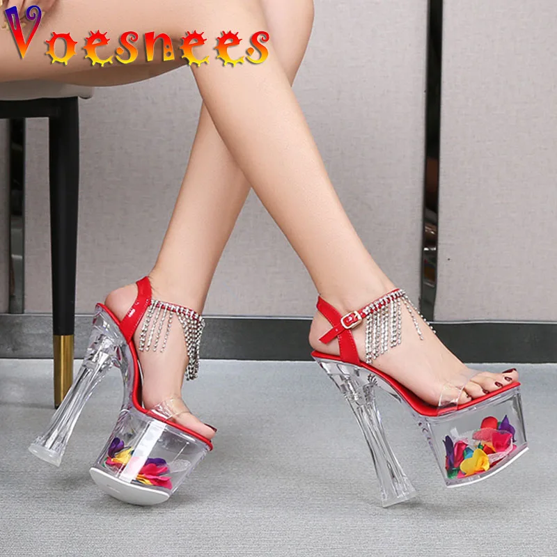 Voesnees 2021 New PVC Transparent Crystal Women Sandals Summer Buckle Strap Luxurious Diamond Chain Platform High Heel Shoes