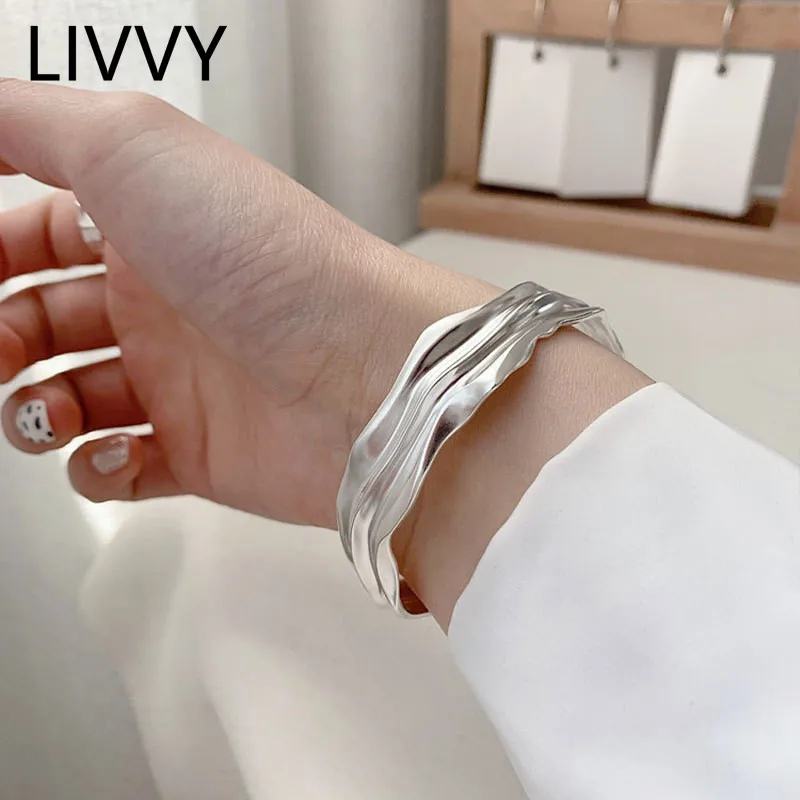 LIVVY 2021 New Fashion Silver Color Smooth Irregular Fold Texture Bracelet For Women Simple Handmade Exquisite Unique Gift