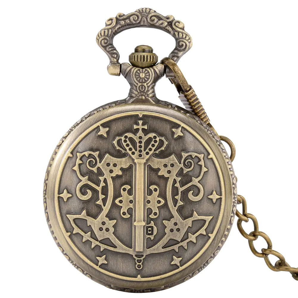 Escuro deacon tema japonês anime bolso relógio de bronze do vintage número branco dial fino útil liga pingente corrente grossa masculino feminino