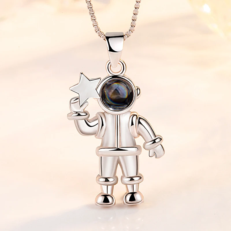 KOFSAC Chic Necklace For women 925 Sterling Silver With Crystal Pendant Projection I Love You Astronaut Star Catcher Necklaces