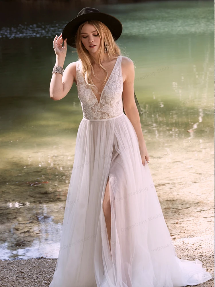 V-ausschnitt Langarm Hochzeit Kleid A-Line Sexy Boho Brautkleid Backless Weiß Tüll Für Frauen Brautkleid Nach Maß Seite split