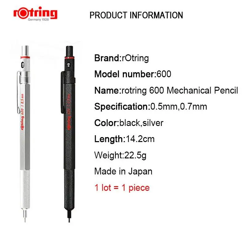 Rotring 600 0.5mm/0.7mm Mechanical Pencil black/silver metal Automatic Pencil  1piece