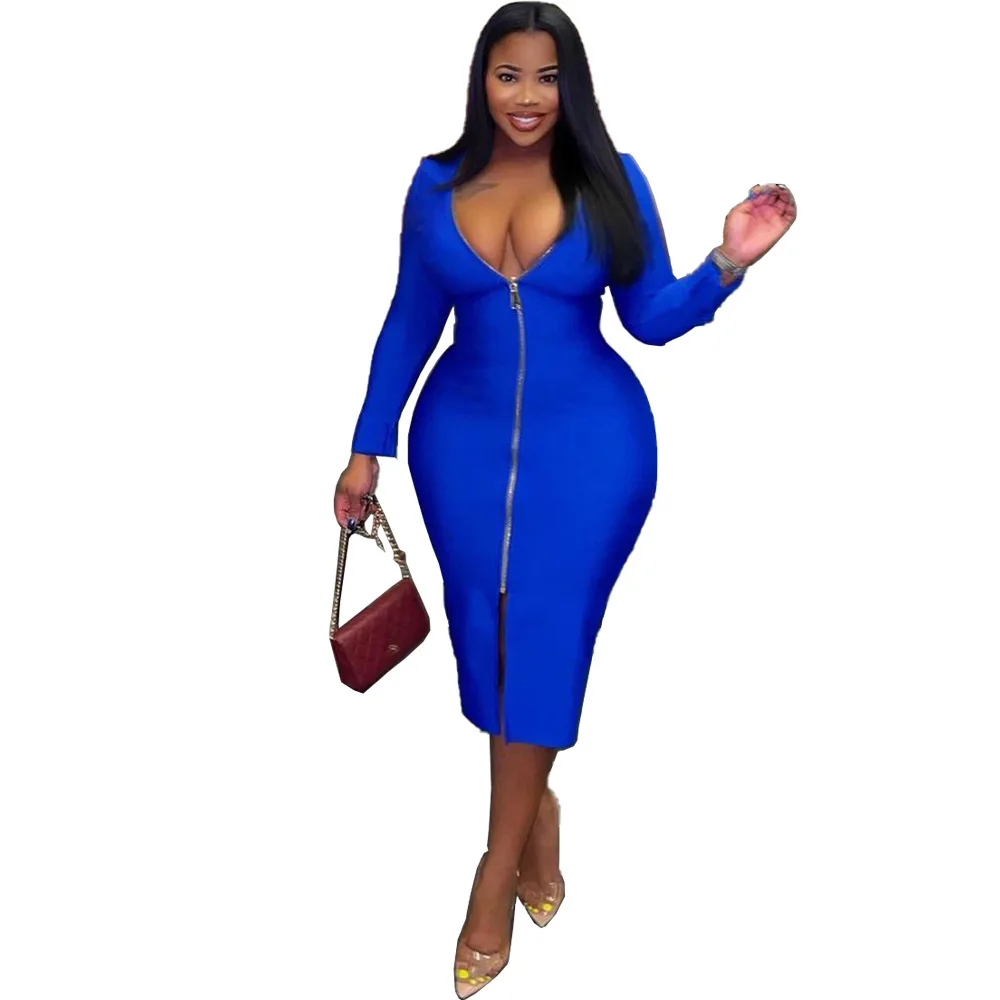 3XL 4XL 5XL Winter Plus Size Dresses Women Solid Color Long Sleeve Slim Sexy Split  Zip Black Outfit Wholesale Dropshipping