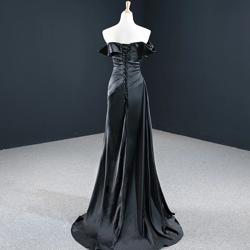 J67153 Removable Long Sleeve Pure Black High Slit A-Line Crystal Party Gowns Evening Dress 2020 Boat Neck فستان زفاف