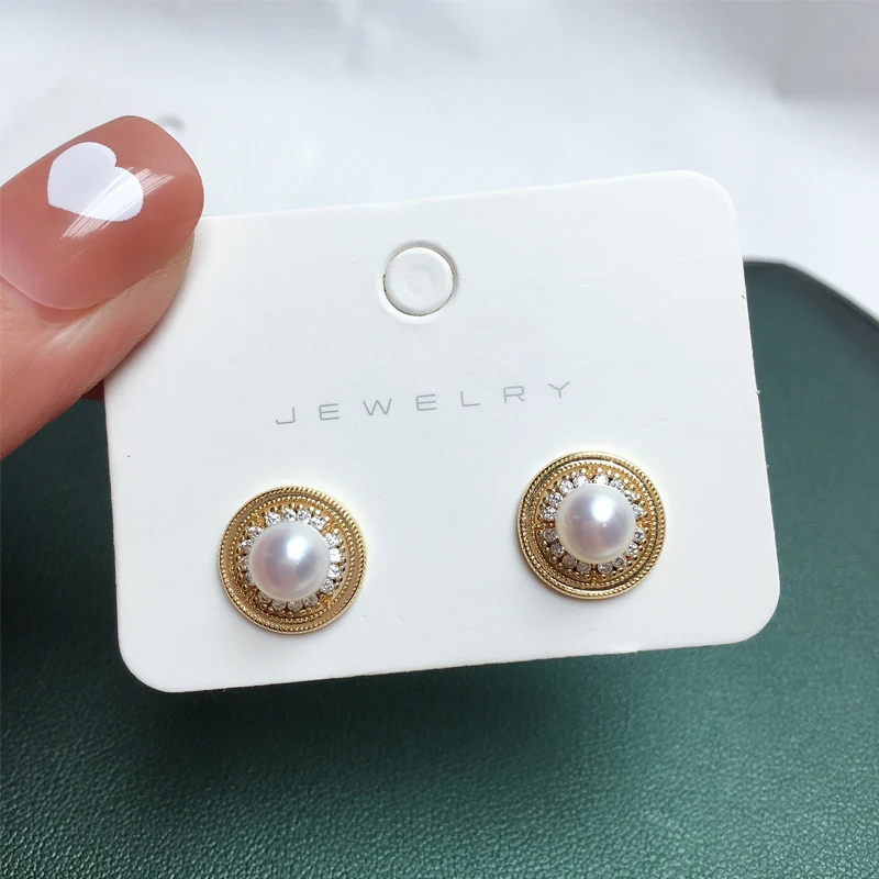 ZHBORUINI 14k Gold Plating Retro Round Pearl Earrings For Women Stud Earring Real Natural Freshwater Pearl Wedding Jewelry Gift