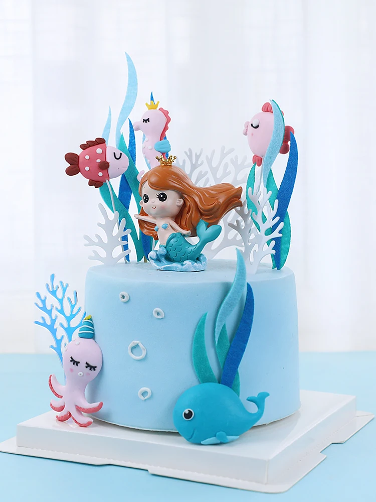 Mermaid sea Marine animal fish Hippocampus Whales Octopus Girl for Happy Birthday Cake Topper Kid Party Supplies Cake Decorating