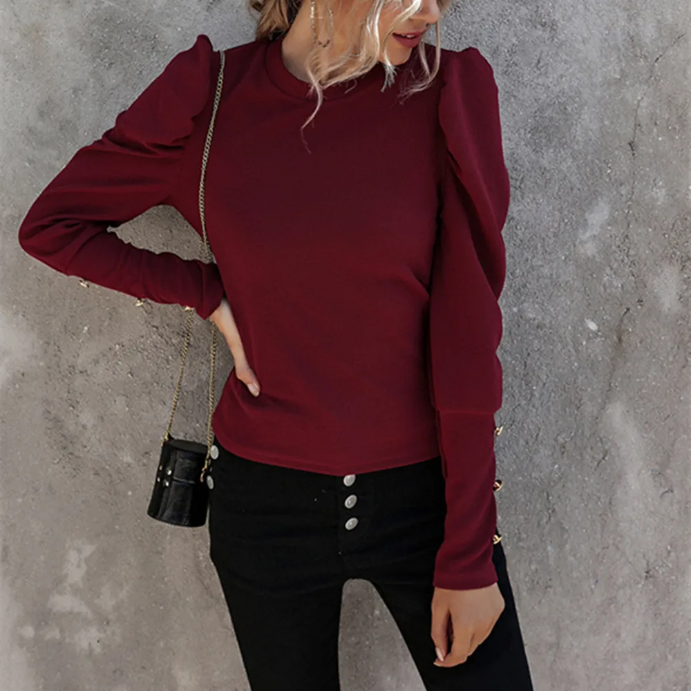 

Autumn Winter Casual Slim Top And Blouse Women Solid O-Neck Long Puff Sleeve With Button Shirts Elegant Office Ladies Blouses