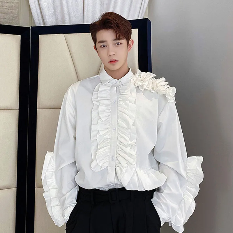 Men Lace Side Splice Long Sleeve Casual White Black Shirts Male Japan Fashion Show Vintage Fashion Loose Shirts Stage Clothing