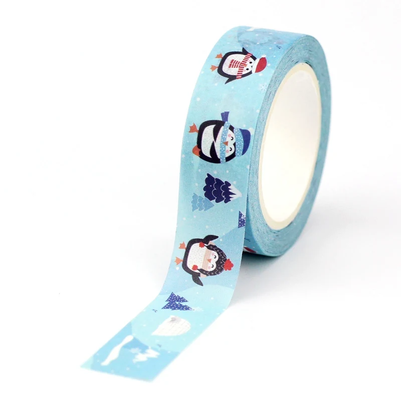 

NEW 1PC. Decorative Cute Penguins Blue Christmas Trees Washitape for Scrapbooking Adhesive Masking Tape Stationery