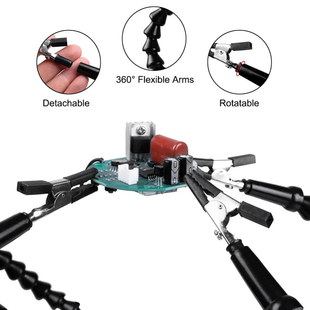 NEWACALOX Helping Hand Soldering Tercera mano con 6 brazos flexibles Lupa LED 3X para soldar, ensamblar y reparar