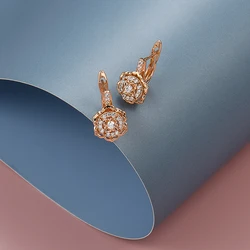 Hot Sale 585 Rose Gold Zircon Earrings Overlap Petal Inlay CZ Piercing Hoops Crystal Flower Party Wedding Fine Jewelry Earrings