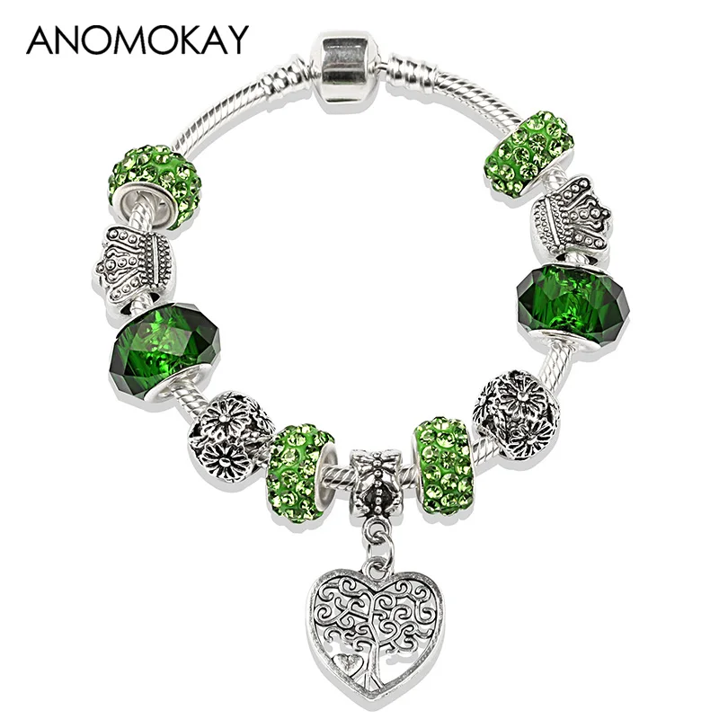 2019 Hot Antique Silver Color Tree of Life Charm Bracelet Green Crystal Beaded Bracelet Diy Jewelry Making for Boy Girl Gift