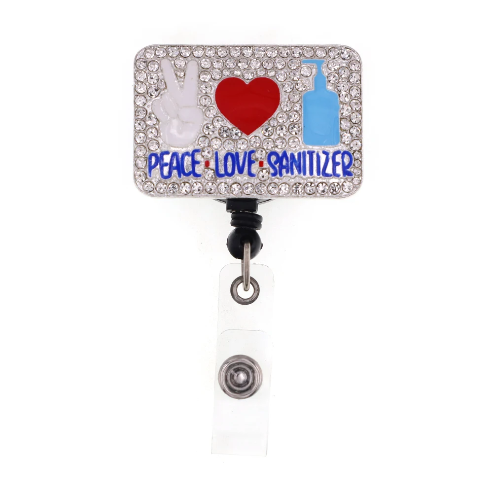 

Sparkly Medical Rhinestone Peace Love Sanitizer Retractable ID Nurse Badge Reel/Holder for Nurse Accessories