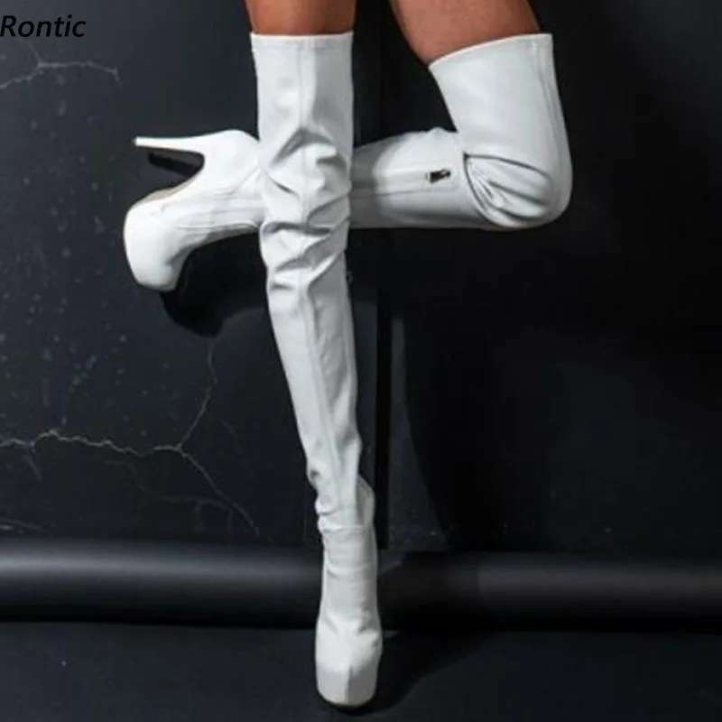 Rontic Fashion Women Spring Flexible Thigh Boots Side Zipper Stiletto Heels Round Toe Fabulous White Party Shoes US Size 5-20