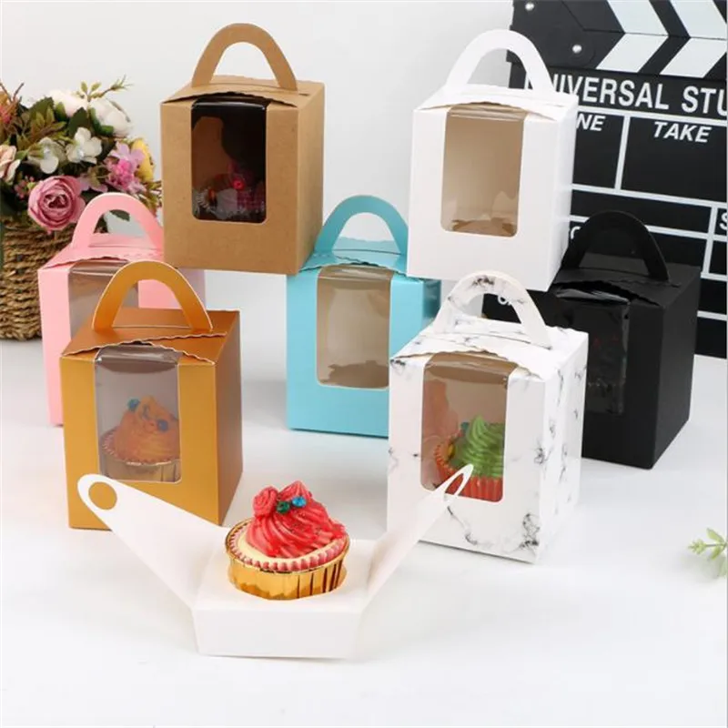 

Paper Cake Packaging Box For Wedding Birthday Party Favor Cupcake One Hole Muffin With Window Handle Cookies Box With Insert