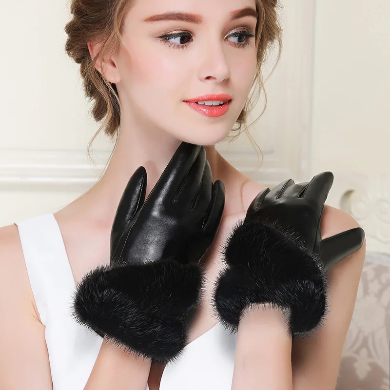 Winter Women Genuine Leather Sheepskin Touch Screen Warm Gloves Female Plus Plush Thick Plush Cuffs Inside Cycling Gloves J12