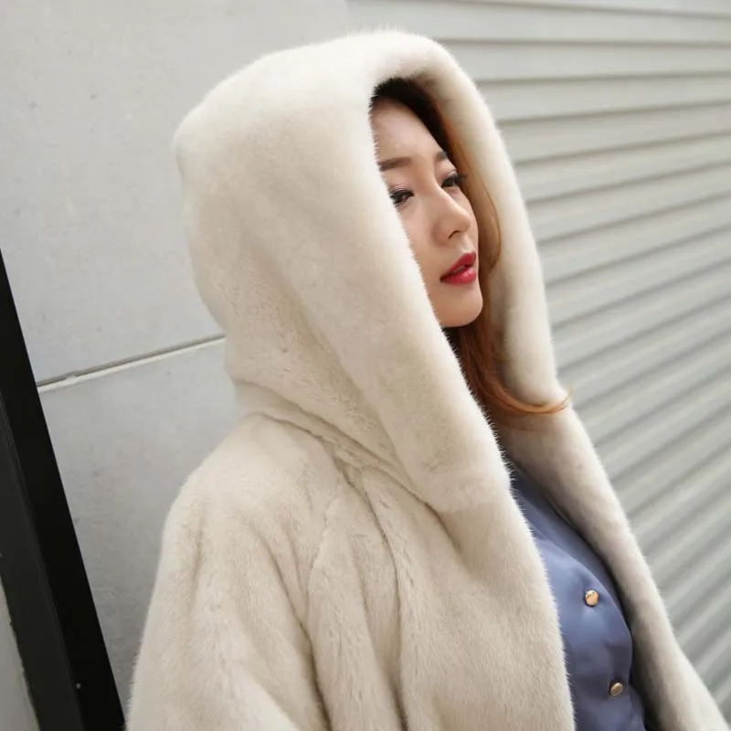 겨울 새로운 XL M-6XL 밍크 긴 무릎 코트 여성 모조 벨벳 후드 여성 파커 모피 코트 외국 가스