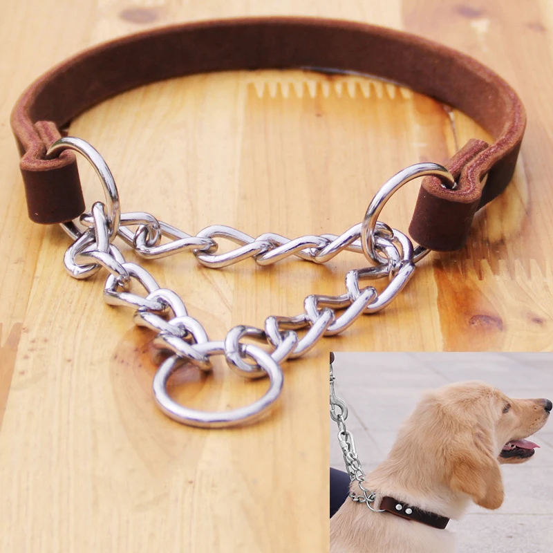 Real Leather Dog Collar P Chain Slip pet Collars Genuine Leather Training Collar stainless steel for small Medium Large Dogs