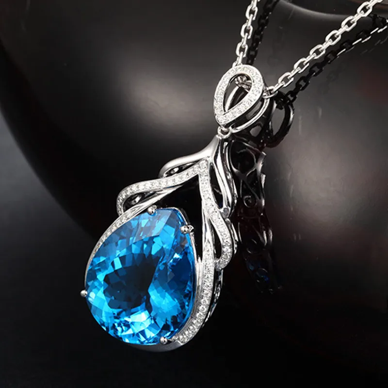 Romantic Water Drop Aquamarine Pendants Necklace for Women Silver 925 Wedding Projection Necklace for Women Girl Friend Gifts