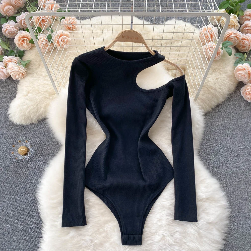 

Sexy Hollow Out One Shoulder Long Sleeve Bodysuit for Women Solid O-neck Slim Fit Body Top Casual Spring Autumn Bodycon Bodysuit