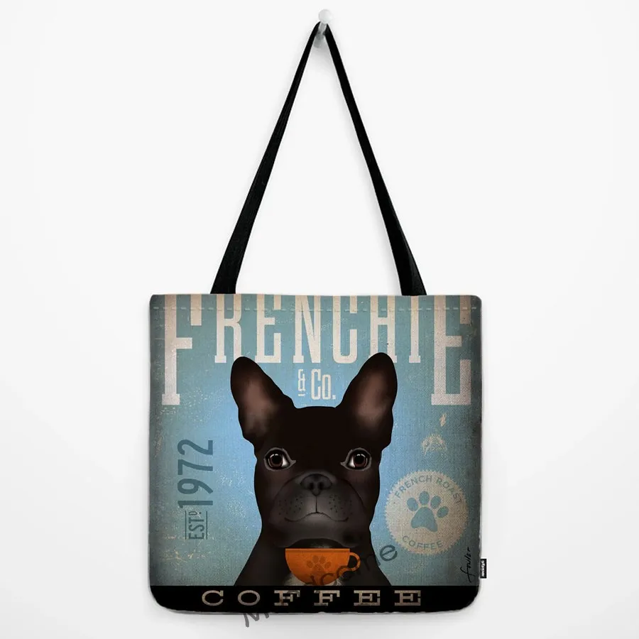 Lovely Cute Vizsla Frenchie Bulldog Dachshund Vintage Dog Art Poster Shopper Shoulder Bag Water Resistant Linen Large Tote Bag