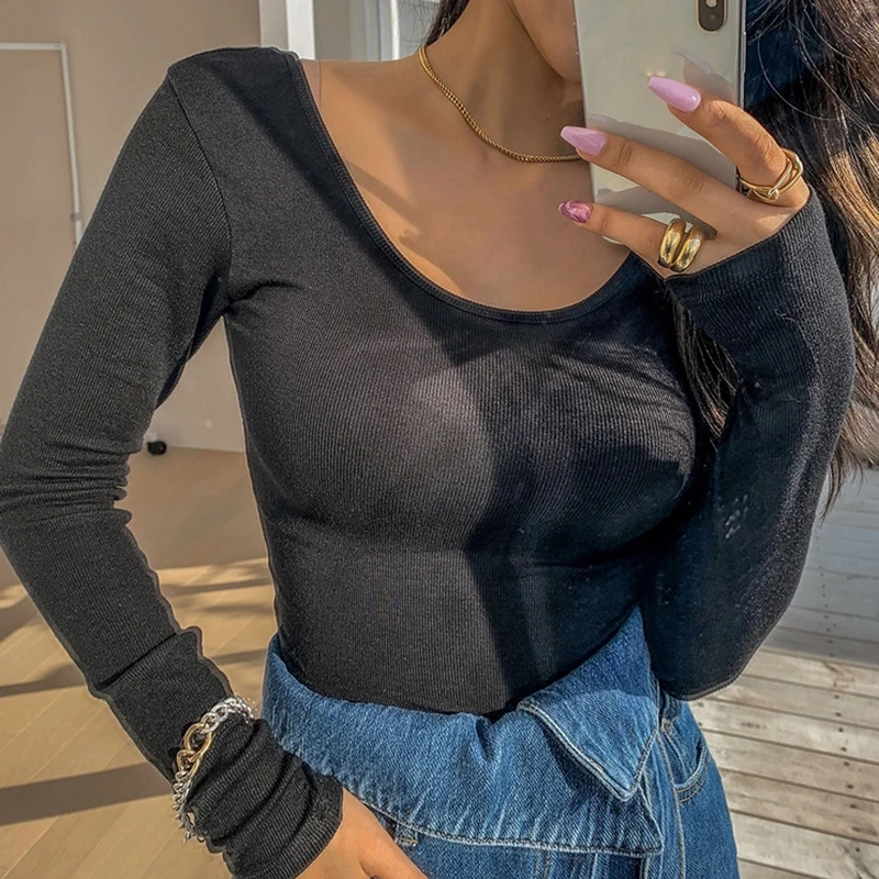 

Screw Thread Slim T Shirt Women Cotton Long Sleeve Top Casual Basic Elastic T-Shirts Autumn Korean Style Clothes Tee Shirt Femme