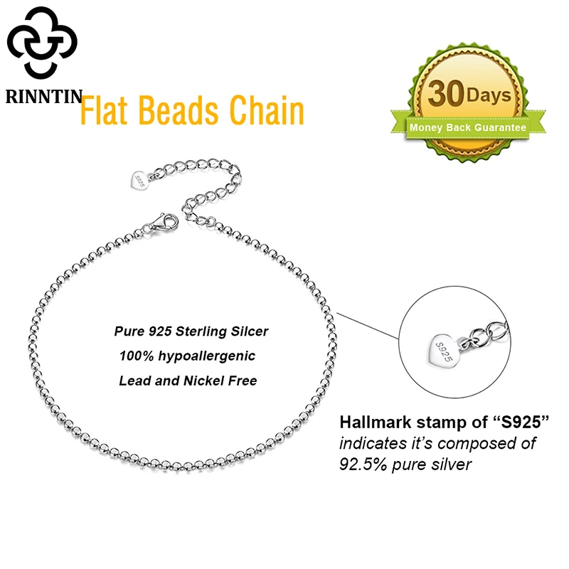 Rinntin 925 Sterling Silver Beads Chain Anklet for Women Fashion Adjustable Summer Beach Foot Bracelet Anklets Jewelry SA13