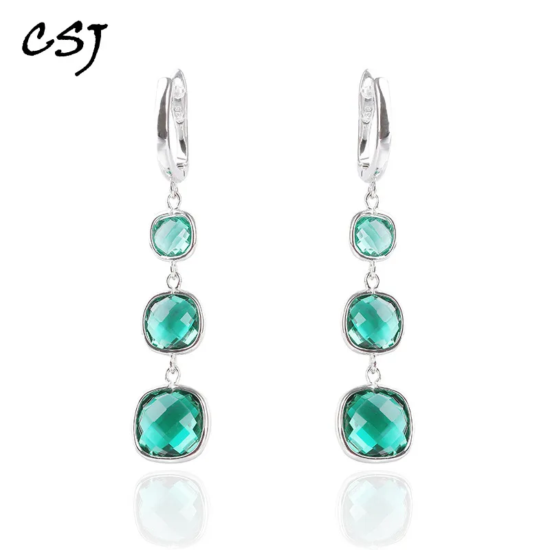 CSJ Green Amethyst Quartz Earring Sterling 925 Silver Gemstone Crystal for Women Wedding Party Birthday Gift Free Ship