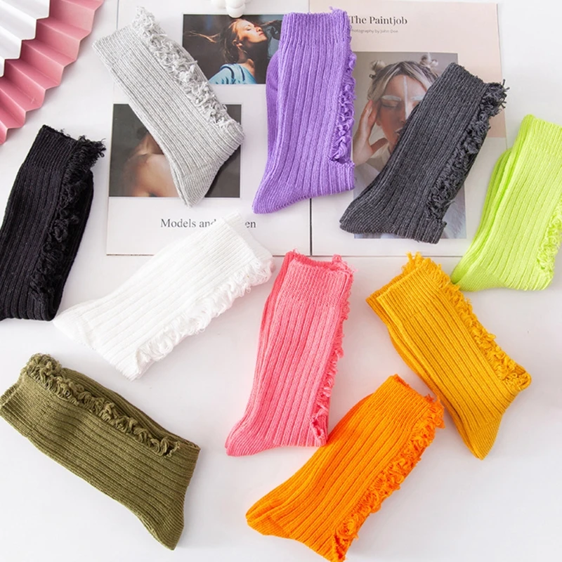 Women Summer Beggar Shabby Ripped Hole Crew Socks Harajuku Ribbed Knit Fluorescent Solid Color Tattered Skateboard Calf Tube .