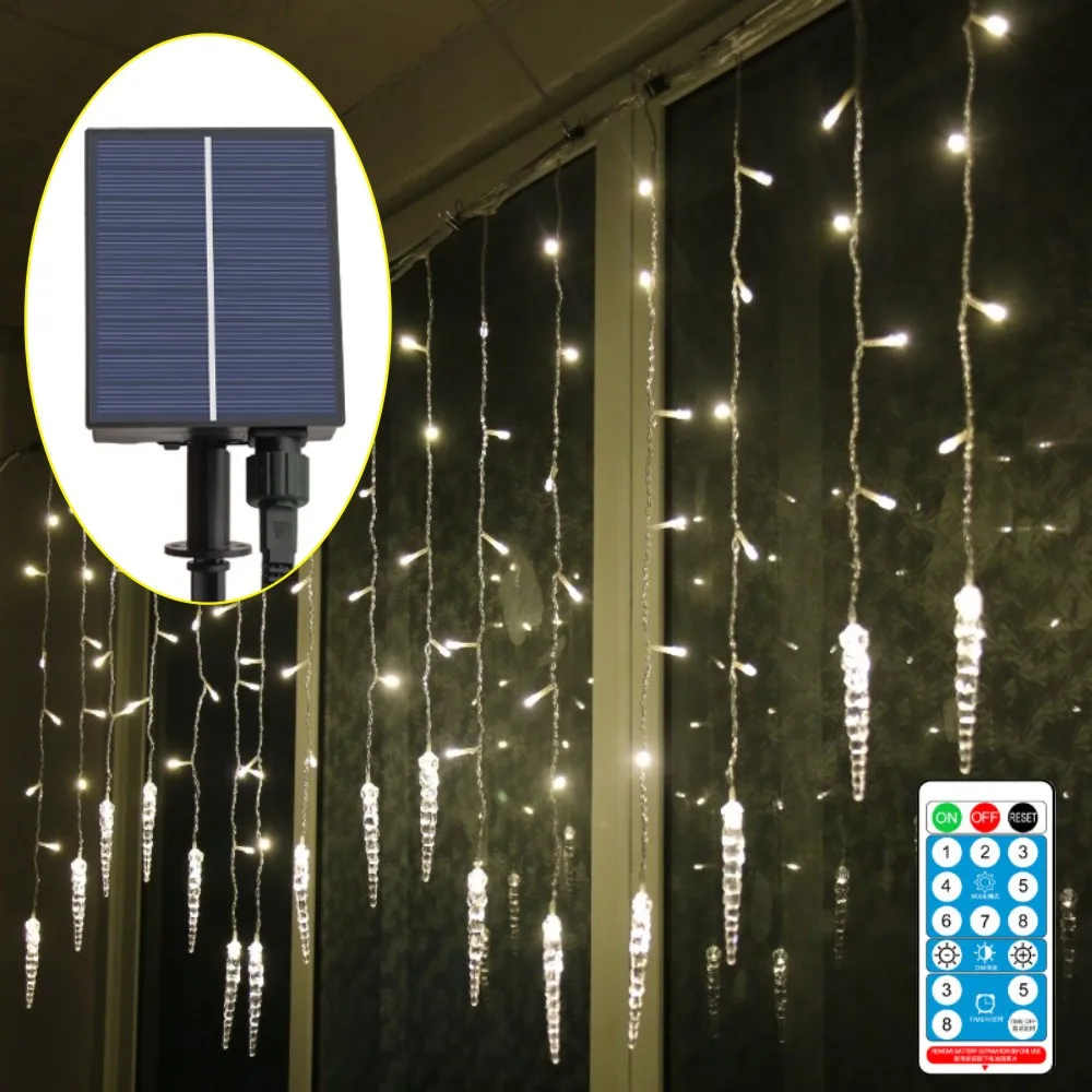 

Solar Powered Led Icicle String Light Roof Holiday Decoration Dimmable Waterproof Remote Controller 8 Modes Garden Yard