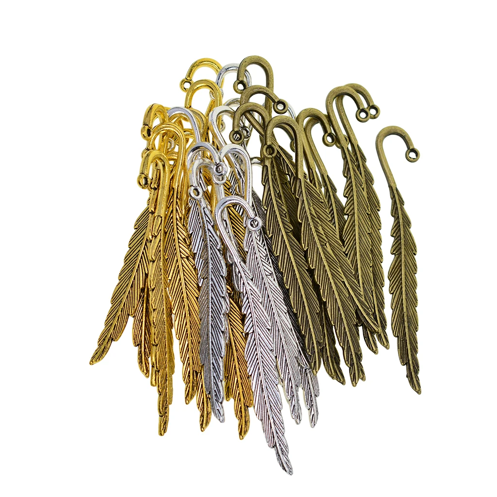 レトロシルバーゴールドブロンズミックスメタル長さ3.2インチのブランクビーズフェザーブックマーク12個。