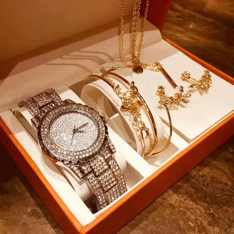 Luxury Watches Set Women Diamond Rhinestone Quartz Watch Creative Leaves Necklace Bracelets Earrings Watch Gifts sets For Women