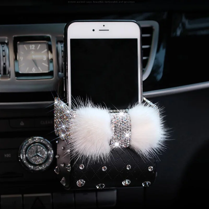 Diamond Crystal Bowknot Portable Car Storage Box Bag Mink fur Auto Vent Mount Holder Cosmetics Case Universal Mobile Phone Bag