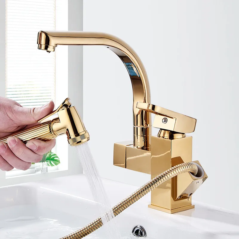 Kitchen Sink Faucet Solid Brass Mixer Tap Single Handle Hot & Cold Sink Crane Tap 360 Degree Rotation Pull Out Basin Faucet Gold