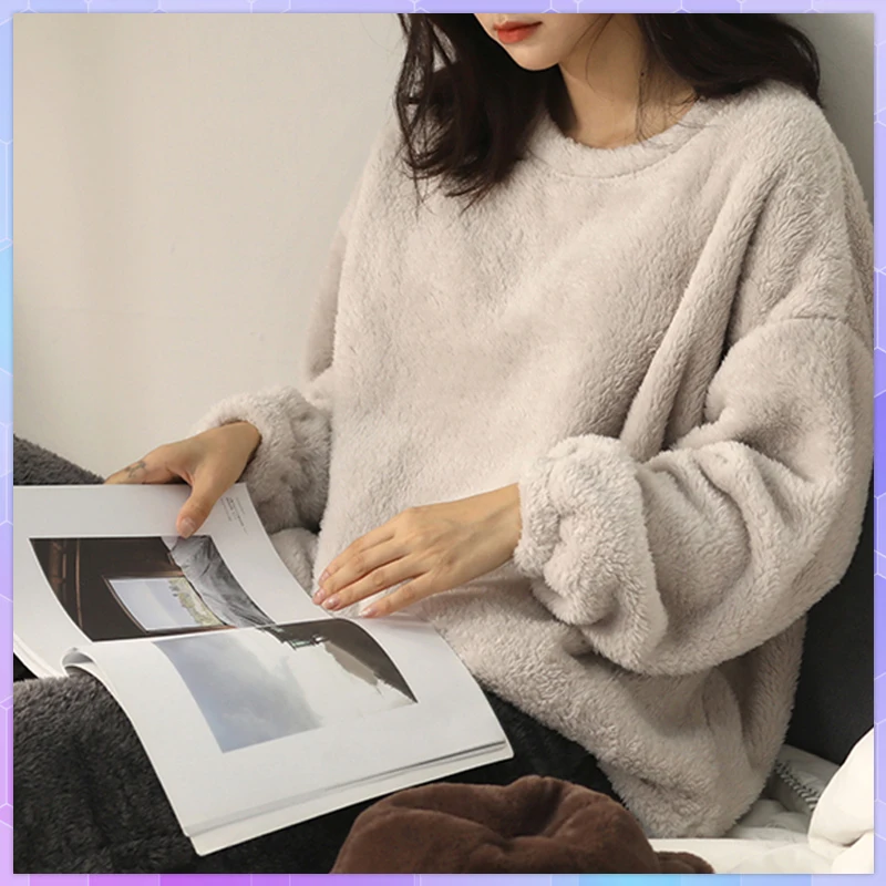 Flannel O-Neck Women's Warm Pajamas With Pants Set Winter Sleepwear Large Sizes Solid Color Nightwear Female Home Wear Suit