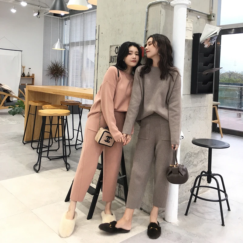 Women\'s suit Knitted 2 pieces Set Tracksuits Women  Autumn Thick Warm O-neck Loose Sweater+Ankle-Length Pants Warm Cashmere Suit