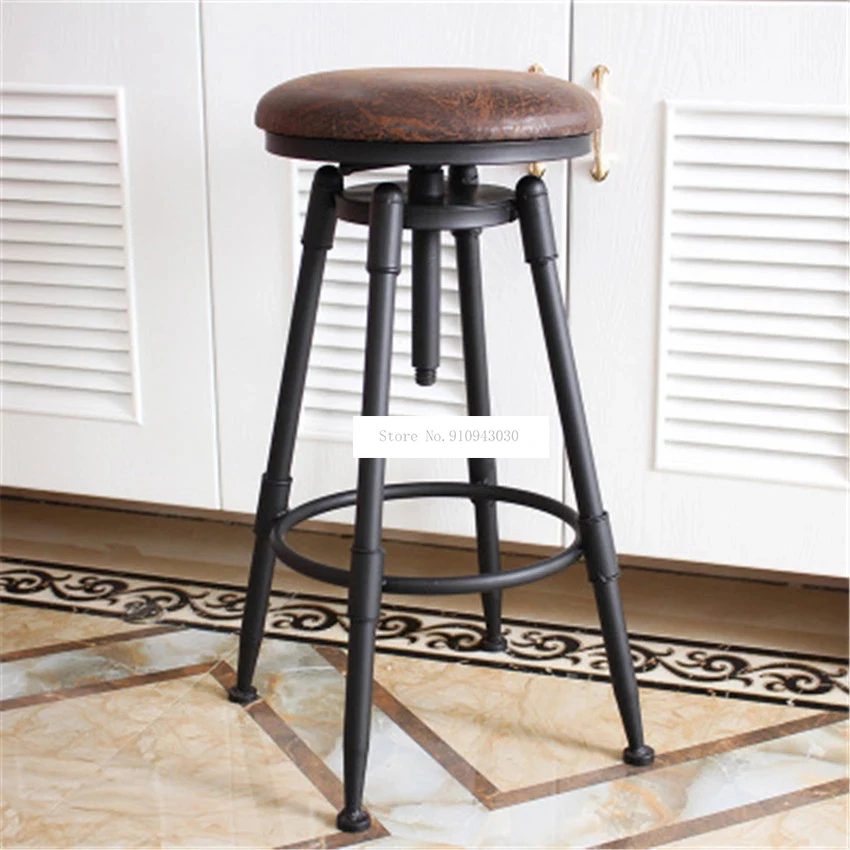 Retro American Country Style Swivel Bar Chair Stool Iron Art Wood/Soft Cushion Seat High Footstool Rotatable Liftable Bar Chair