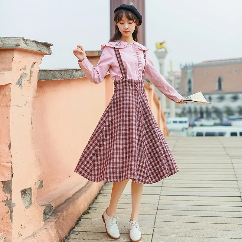 Qiukichonson Spring Autumn Women Long Midi Suspender Skirt Preppy Style Cute High Waist A-Line Plaid Skirts For Teen Girls jupe