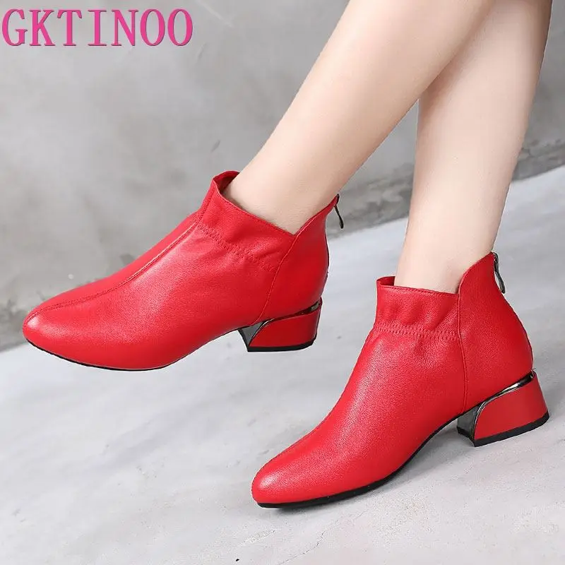 GKTINOO Fashion Genuine Leather Ankle Boots Women Thick Heels Zipper Pointed Toe Autumn Winter Woman Shoes Soft Sole Short Boots