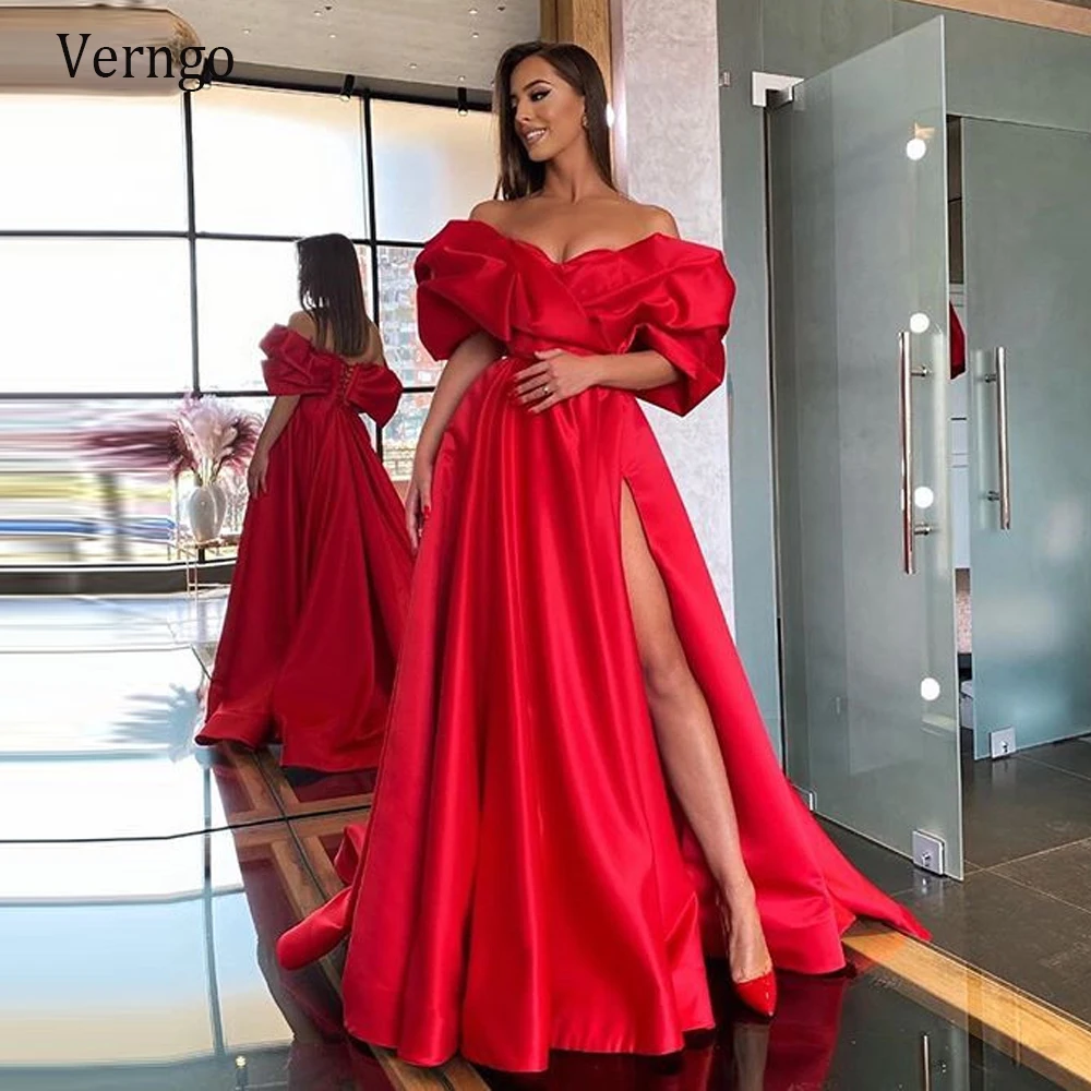 Verngo Gorgeous Long Satin Evening Dress Red For Bride With Sleeves Off the Shoulder 2023 Party Sexy Prom Gowns With Side Slit