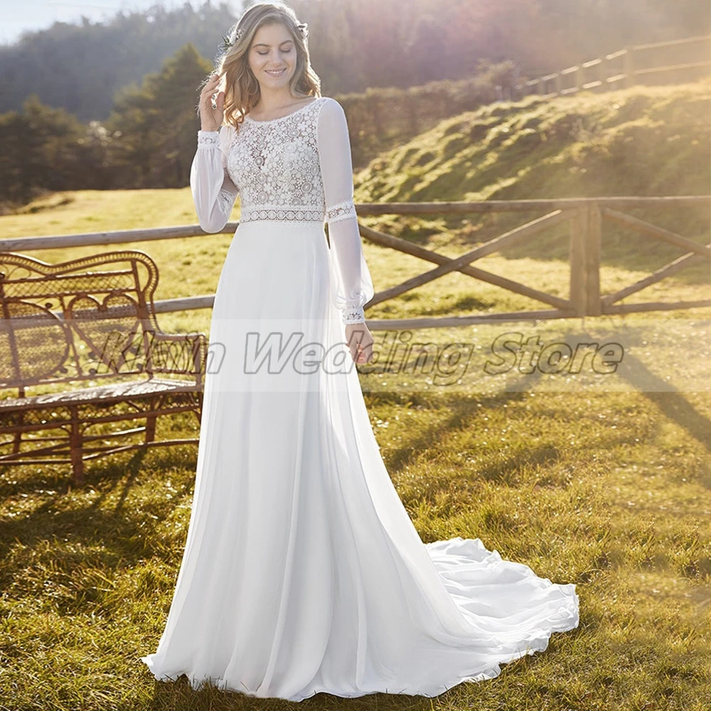 Bohemia A-Line Chiffon Wedding Dresses for Women O-Neck Lace Long Sleeve Court Train Backless Bridal Gowns Robe De Mariee 2023